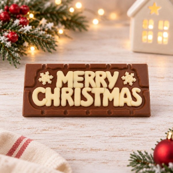 Merry Christmas Chocolate Bar – Milk Chocolate with White Writing Merry Christmas Chocolate Bar – Milk Chocolate with White Writing