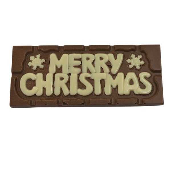 Merry Christmas Milk Chocolate Bar – White Chocolate Writing Merry Christmas milk chocolate bar with white chocolate writing