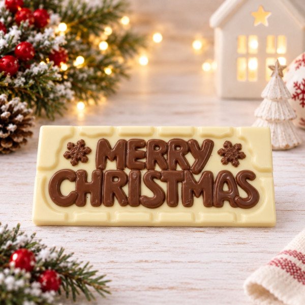 Merry Christmas Chocolate Bar – White Chocolate with Milk Writing Merry Christmas Chocolate Bar – White Chocolate with Milk Writing