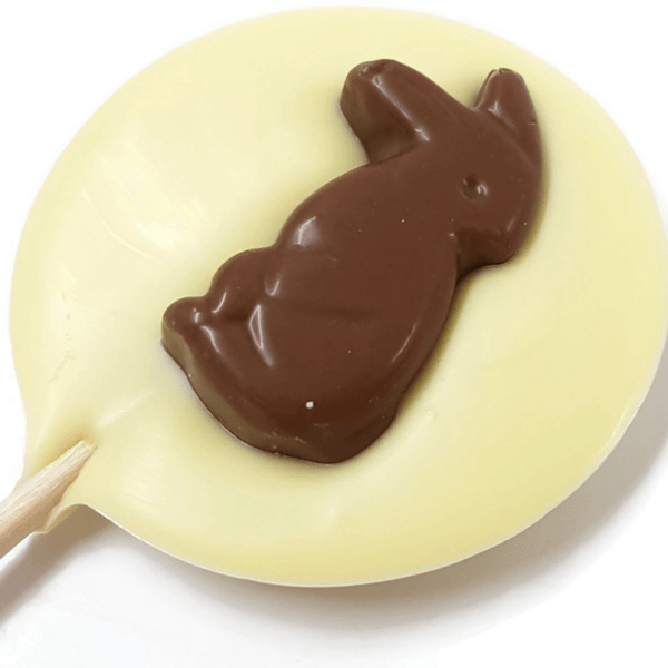 White Chocolate lolly with Milk Chocolate standing bunny 
