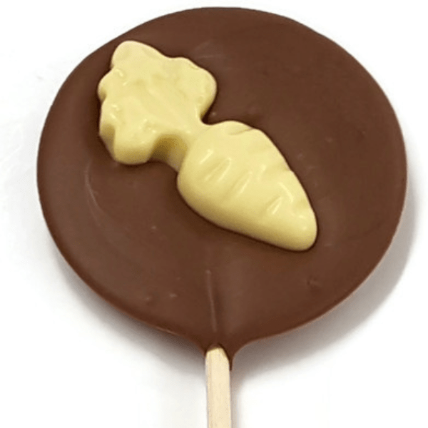 Milk Chocolate lolly with White Chocolate Carrot